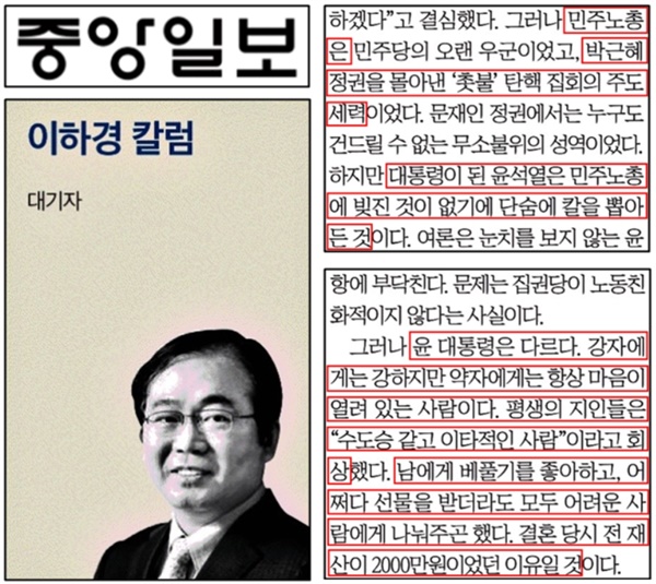 촛불집회 폄훼하고 윤석열 대통령 찬양한 중앙일보(12/26)