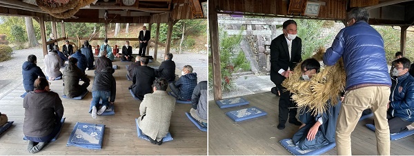           마을 사람들이 야사카신사에서 산신제 준비과정을 보고하고, 새로운 제관을 뽑습니다.