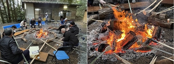 벳소 마을에서는 긴 꼬챙이까지 준비하여 정어리와 찹쌀떡을 꿰어서 장작불에 구워서 먹습니다.