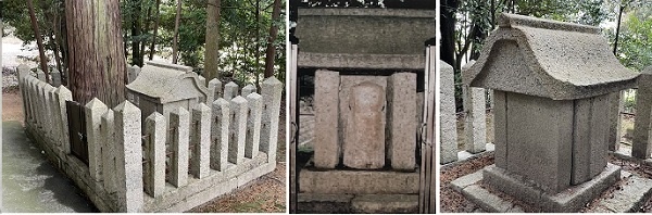 귀신집사 무덤으로 알려진 비석은 신사 건물 뒤에 있습니다. 사진 한 가운데가 귀실집사 무덤이라는 글씨가 새겨진 비석입니다.