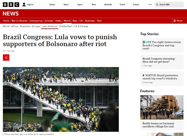 브라질 의회, 대법원, 대통령에 난입한 자이르 보우소나루 전 대통령 지지자들의 대선 불복 시위를 보도하는 영국 BBC 갈무리 