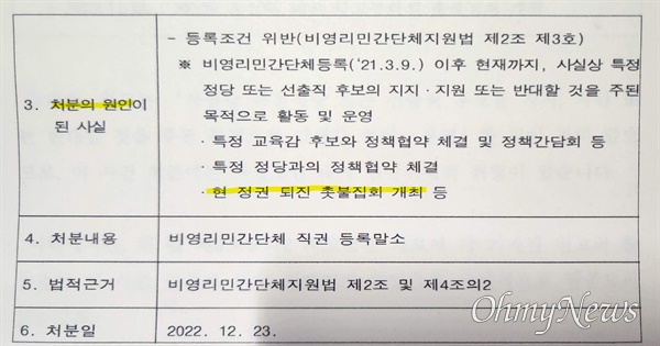 서울시가 지난 해 12월 23일 촛불중고생시민연대에게 보낸 '민간단체등록 직권 말소 통지서'.