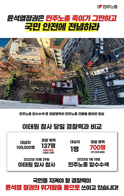  이태원 참사 때와 민주노총 압수수색 당시 경찰력 동원 숫자 비교.