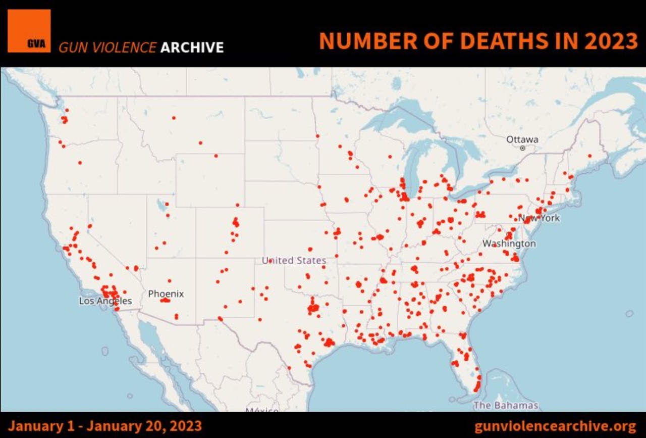 2023년 미국 전역의 총기 사망 사건 현황을 나타내는 '총기 폭력 아카이브' 지도 갈무리 