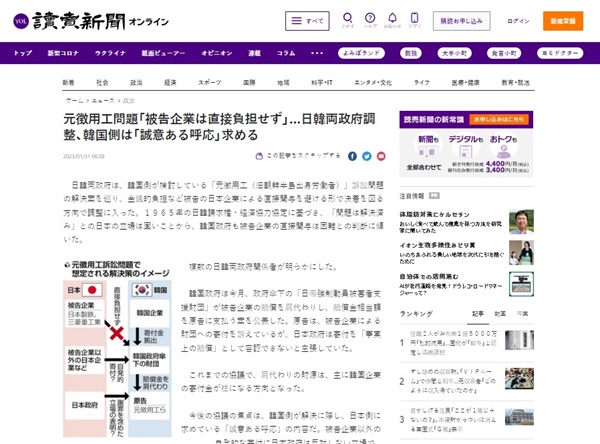 일본 전범기업의 강제징용 배상 참여 거부를 보도는 <요미우리신문> 갈무리