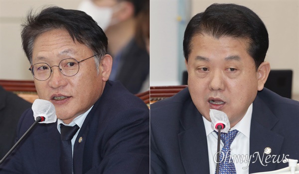 배진교 정의당 의원(왼쪽)과 김병주 더불어민주당 의원(오른쪽)이 17일 서울 여의도 국회에서 열린 국방위원회 전체회의에서 질의하고 있다.