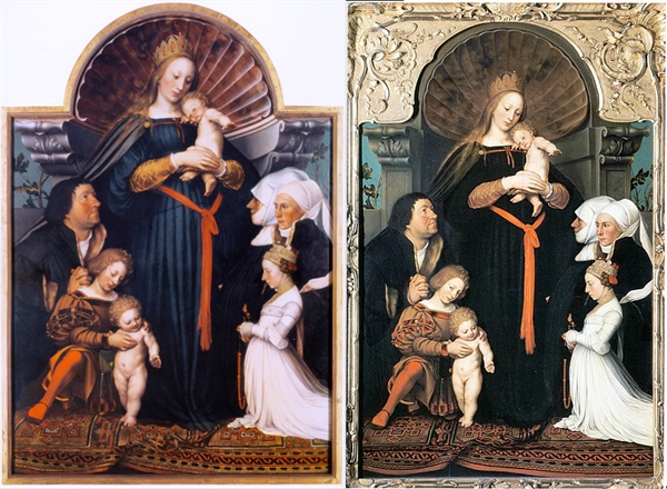 한스 홀바인, 1526년, Oil on limewood, 102x146.5cm/ 자르부르크, 1635년, oil on oak panel, 103x159cm, 드레스덴 미술관