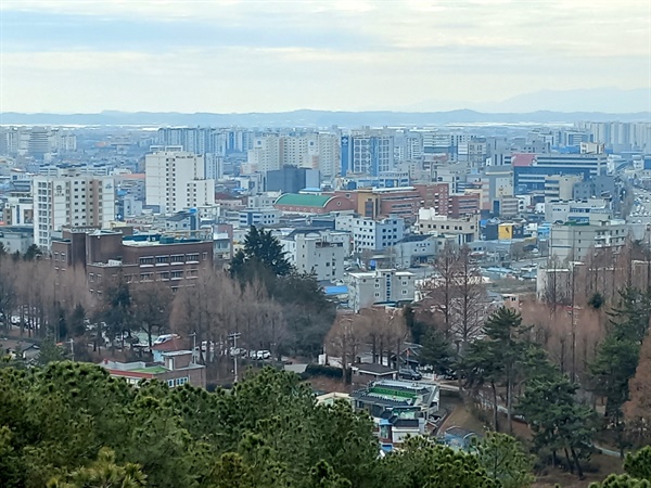  금봉산 팔각정에서 바라본 송정공원과 송정 시가지의 모습. 송정공원에는 국내 유일하게 일본의 목조 신사와 항일 유적들이 공존하고 있다