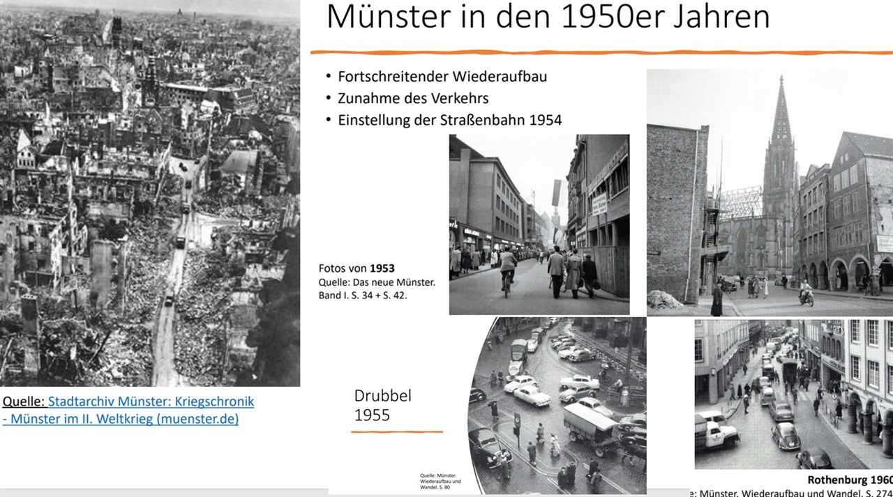 좌측 사진은 2차세계대전 직후 폭격으로 폐허가 된 뮌스터 시가의 사진이다. 이후 1950년대, 1960년대의 사전을 통해 점차 자동차 통행이 늘어나고 있음을 보여준다. 특이한 점은 이 시기에도 뮌스터의 자전거 통행량이 줄지는 않았다는 것이다. 