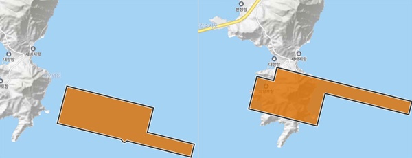 국토부가 14일 공개한 육해상 매립식 가덕신공항(오른쪽). 2029년까지 기간을 앞당겨 추진하기로 했다. 