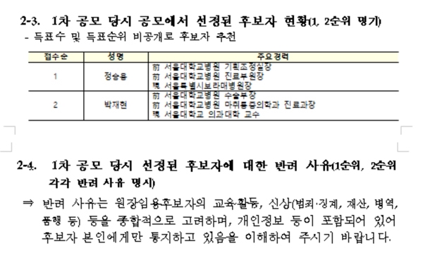 교육부는 서울대병원장 최종후보 2인에 대한 임명제청안을 반려한 사유를 정확하게 공개하지 않았다. 사진은 교육부가 서동용 더불어민주당 의원실에 답변한 자료다.