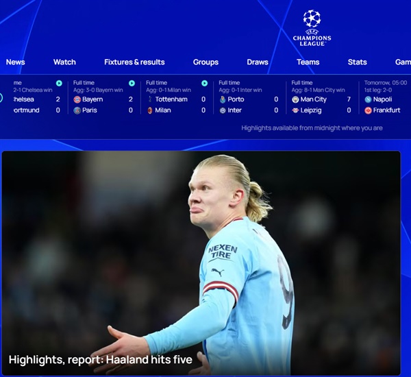  엘링 홀란의 5골 대기록을 자랑하고 있는 UEFA 챔피언스리그 페이지 첫 화면