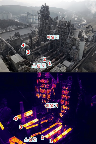 시멘트공장의 소성로와 예열기에서 뜨거운 열이 방출되고 있음이 열화상카메라에 감지된다. 