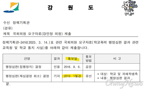  강원도가 16일, 국회 교육위 강민정 의원에게 보낸 추가 답변서. 