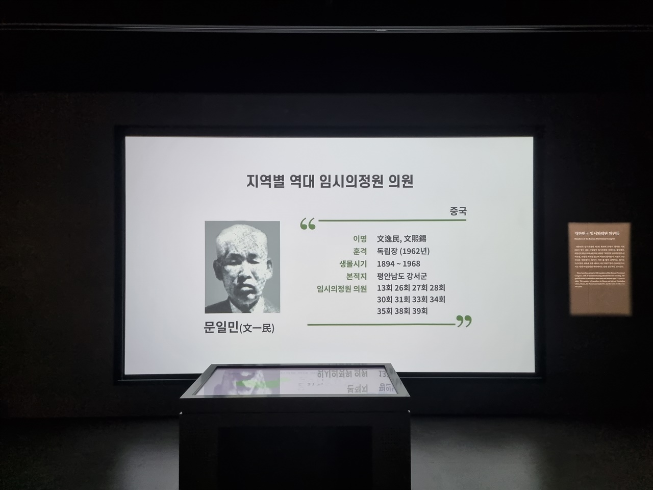 문일민의 임시의정원 의원 이력 (국립대한민국임시정부기념관 전시)