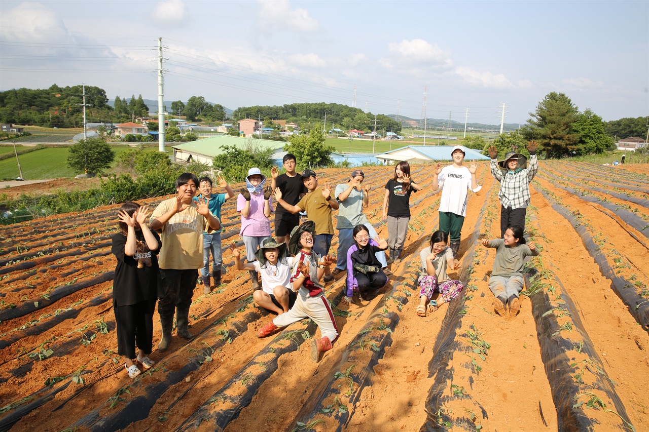 강화군 불은면 꿈틀리인생학교 학생들이 학교 부근의 텃밭에서 농사 수업을 하고 있다.