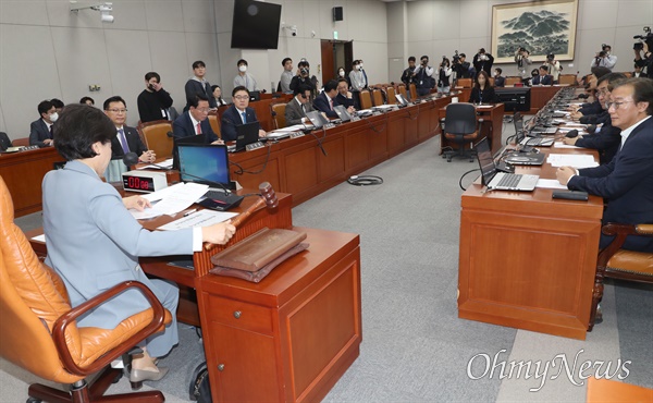 남인순 국회 정치개혁특별위원회(정개특위) 위원장이 지난달 22일 서울 여의도 국회에서 열린 정개특위 전체회의에서 국회 의원정수 300명 동결을 전제로 한 국회 전원위원회에 올릴 선거제 개편안을 의결하고 있다. 