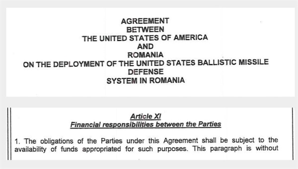 미국과 루마니아가 맺은 미사일방어체계의 배치에 대한 협정, 미국이 비용을 부담한다고 규정되어 있다. 