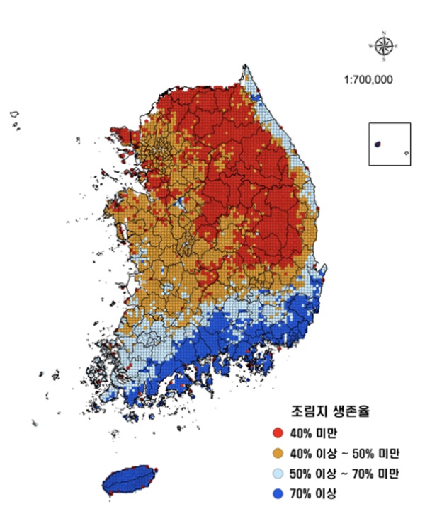 산림청 국립산림과학원이 2020년 발표한 편백 조림가능 지역 지도. 서울 지역은 편백 조림지 생존율이 40%~50% 미만인 것으로 나타났다. 하지만 은평구 봉산에 식재한 편백나무 생존율은 96%에 달한다고 은평구청은 밝혔다.