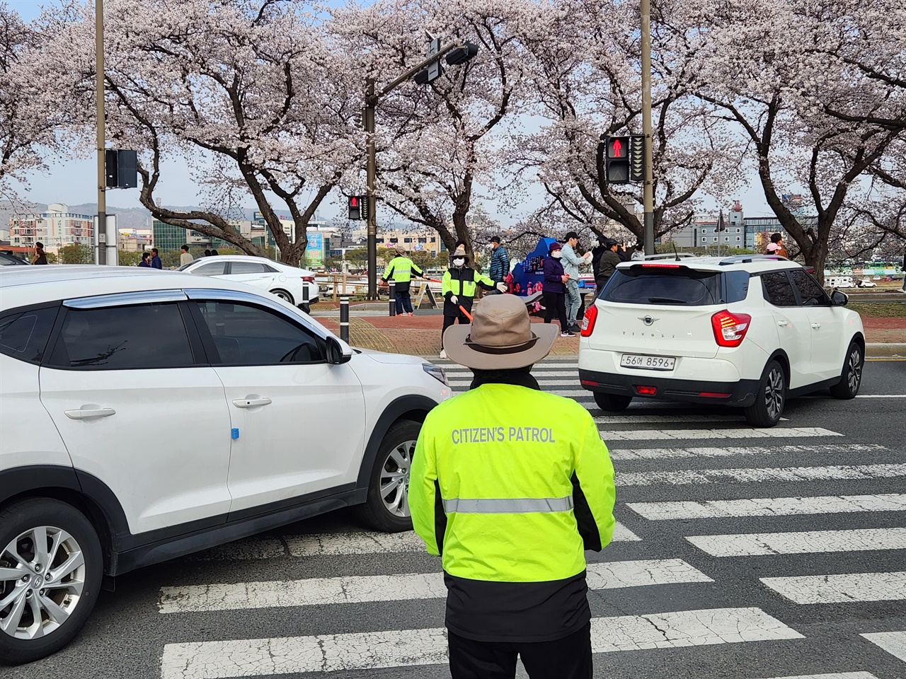  경주 흥무로 벚꽃길에서 교통정리 자원봉사자들 모습