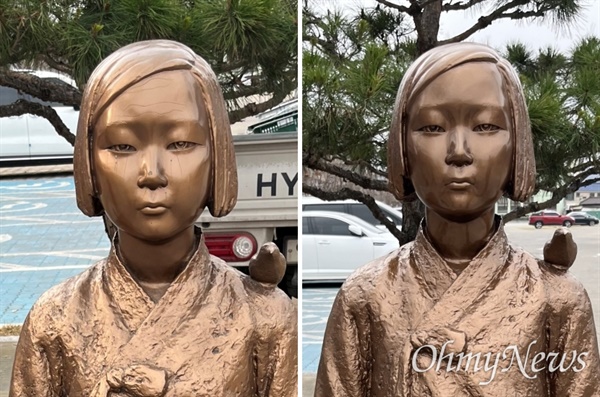 28일 복원된 홍성 평화의 소녀상. 왼쪽 복원 전, 오른 쪽 복원 후.