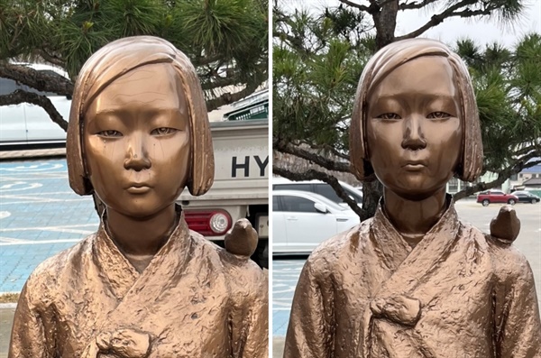지난 1일 홍주읍성 입구에 있는 소녀상(사진, 왼쪽)은 얼굴이 긁히고 코와 양쪽 발 부분이 부위가 훼손된 채 발견됐다. 그러면서, 홍성군은 전문가에 의뢰해 지난 28일 훼손 부위를 수리했다.(사진, 오른쪽)