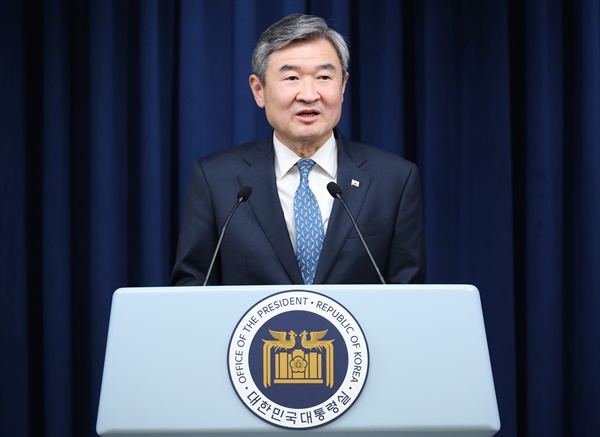 조태용 신임 국가안보실장이 지난달 30일 서울 용산 대통령실 청사 브리핑룸에서 인사말을 하고 있다.