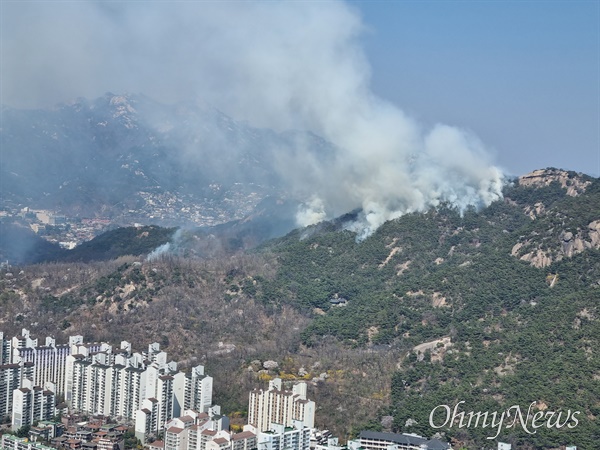 2일 오후 2시 8분 서울 서대문구 안산에서 인왕산 산불 현장을 직접 촬영한 사진. 