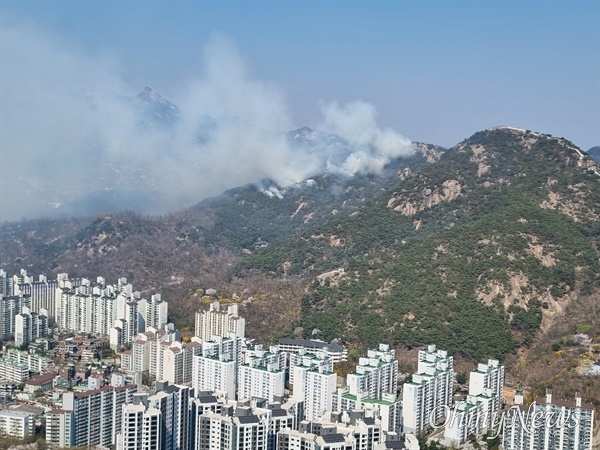 2일 오후 2시 35분 서울 서대문구 안산에서 인왕산 산불 현장을 직접 촬영한 사진. 