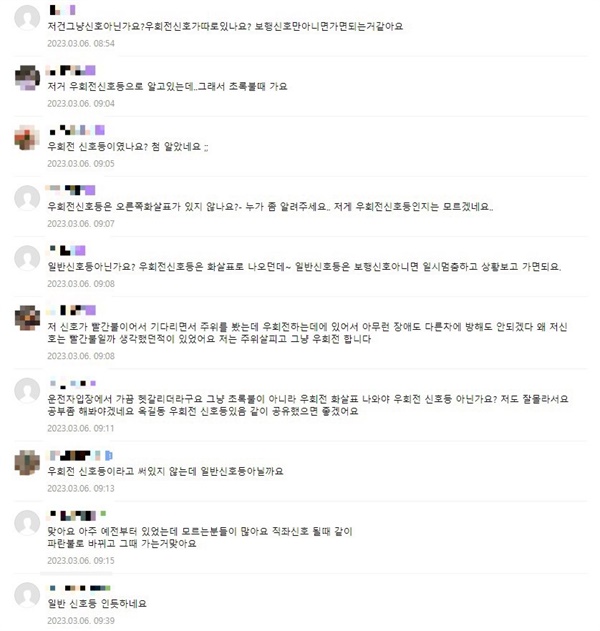  우회전 신호등이 맞는지 묻는 게시글에 달린 댓글에서도 시민들은 각기 다르게 응답하며 혼선이 빚어졌다.