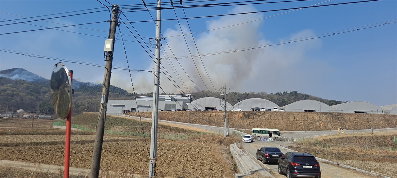  충남 홍성 산불로 청룡산과 이어진 음료공장 뒷편에도 큰불이 발생했다. 