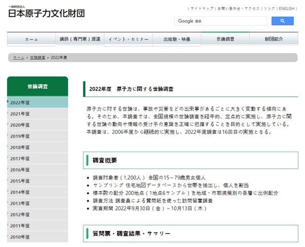 2022년 원자력에 관한 설문조사 결과를 공개한 일본원자력문화재단 홈페이지 갈무리 