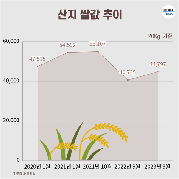 산지 쌀값 추이. 2022년 9월 쌀값은 2021년에 비해 25% 이상 하락했다. 