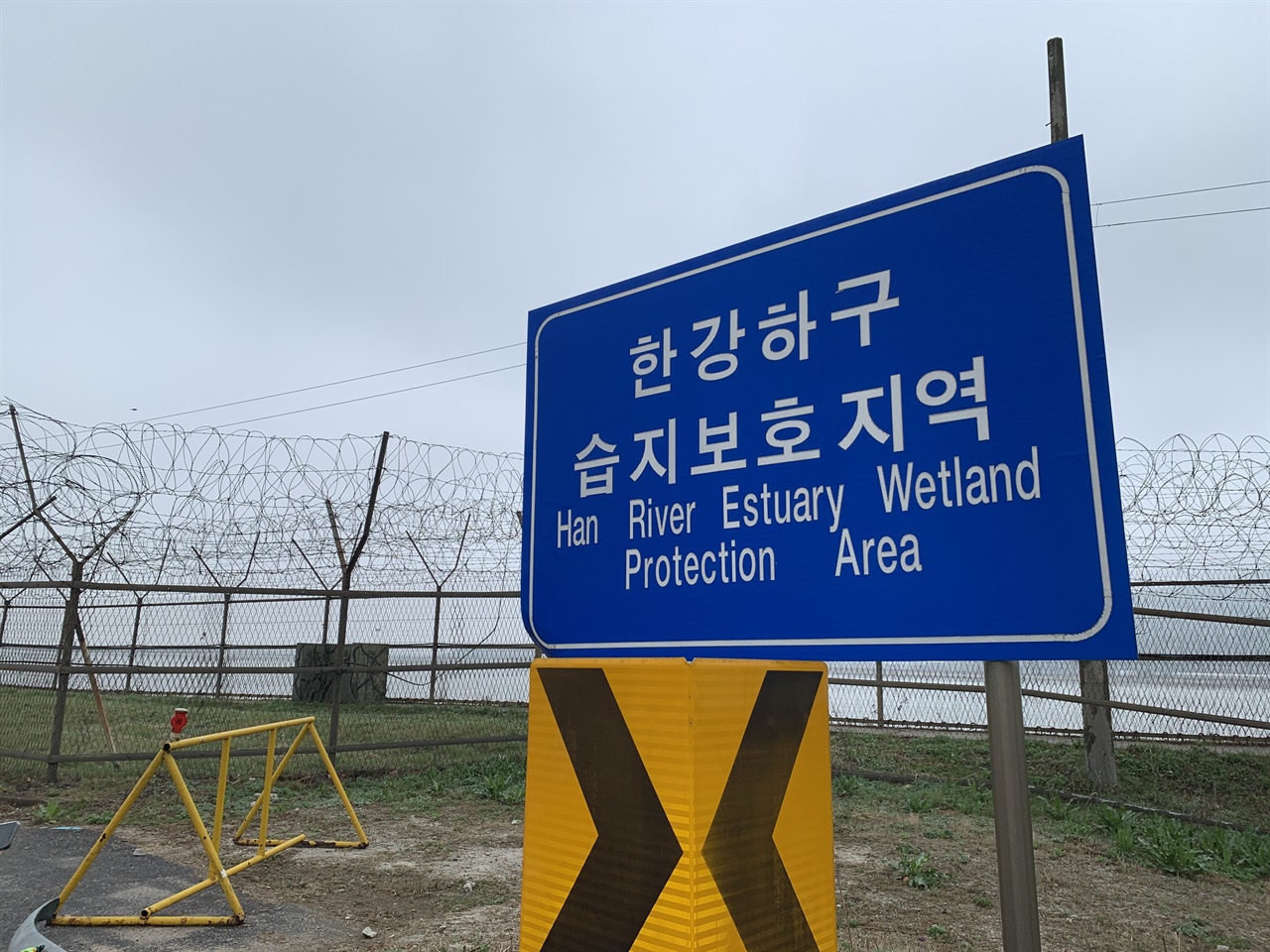 강화도 해안 철책길을 따라 걷다 만난 '한강하구 습지 보호 지역' 표지판