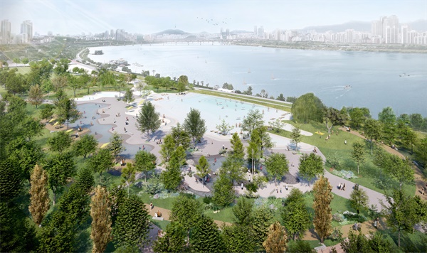 서울시가 오세훈 시장 2023년 3월 9일 발표한 '그레이트 한강 프로젝트'의 첫 번째 핵심 전략인 '자연과 공존하는 한강'을 본격적으로 추진한다고 밝혔다. 사진은 '그레이트 한강 프로젝트'의 자연형 물놀이장 조감도.