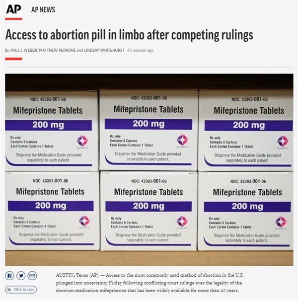 미국 텍사스주 연방법원의 경구용 낙태약 미페프리스톤 금지 결정을 보도하는 AP통신 갈무리 