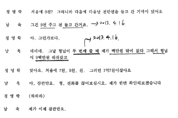 2013년 4월 16일 상황을 정영학 회계사와 남욱 변호사가 복기하는 과정. 2013년 5월 29일자 정영학 녹취록 중 일부다.
