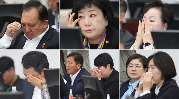 김광수 제주도교육감과 김대진 의원 간 교육행정 질문-답변을 지켜보며 눈물을 훔치고 있는 동료 의원들.