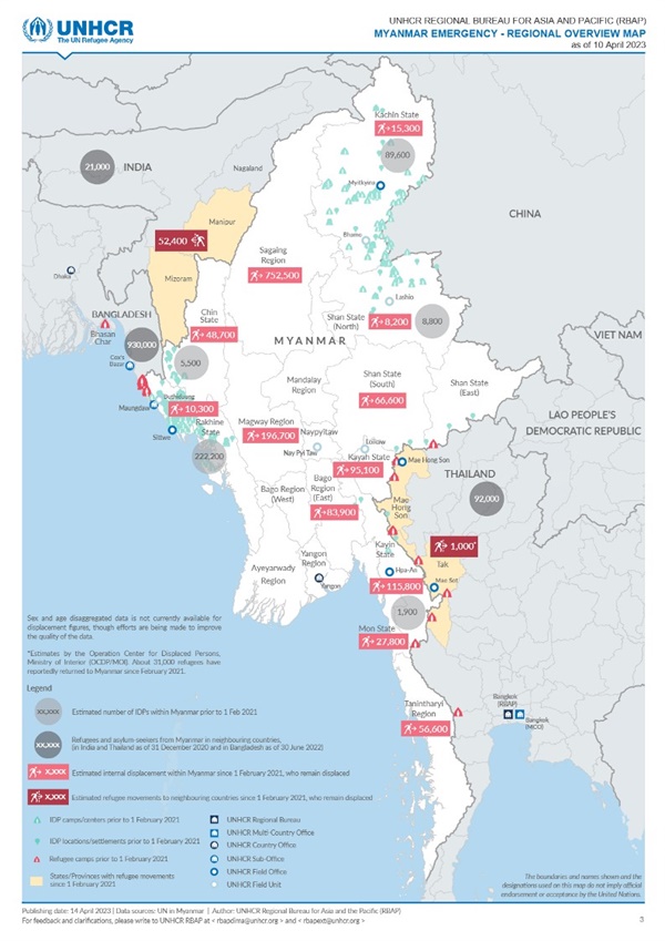 미얀마 유엔난민기구 긴급업데이트 보고서 중(MYANMAR EMERGENCY UPDATE as of 10 April 2023, UNHCR RBAP)