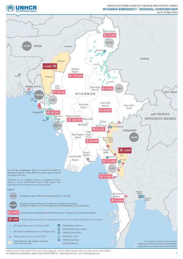  미얀마 유엔난민기구 긴급업데이트 보고서 중(MYANMAR EMERGENCY UPDATE as of 10 April 2023, UNHCR RBAP)