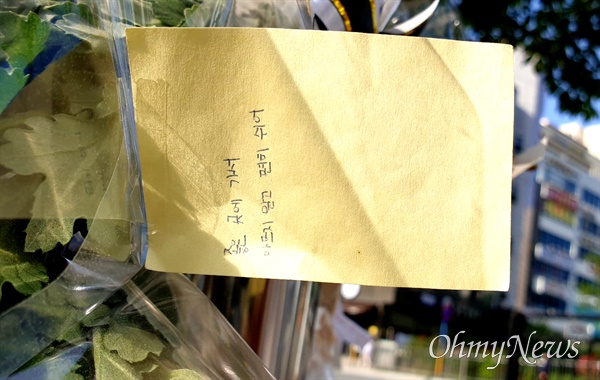4월 3일 등굣길에 창원진해 장천동에서 교통사고로 뇌사 상태에 있다가 장기 기증을 하고 하늘나라로 간 초등학생을 추모하는 꽃과 편지가 붙어 있다.