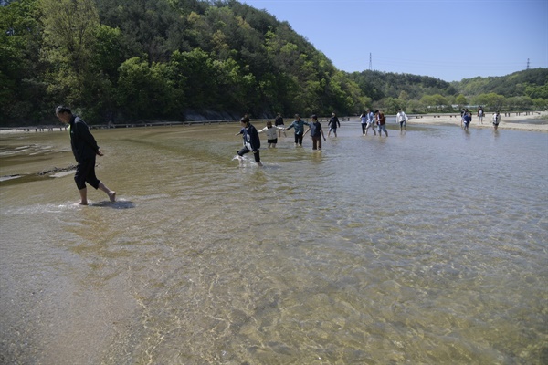 모래의 강 내성천 물길따라 걷기 순례 행사를 진행중인 환경운동연합 활동가들. 