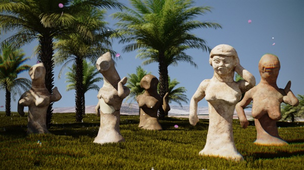 루스 파티르(Ruth Patir) I '제하바1(Zehava1)' 3D 애니메이션 비디오 2분 38초 2022" 애니메이션 작품이라 여기서는 영상처럼 볼 수는 없다. 점토로 만든 고대 조각상이 디지털 공간에 옮겨진다. 3천년 전에 화석처럼 동결된 가나안의 다신 인형에게 춤출 기회가 주어진다