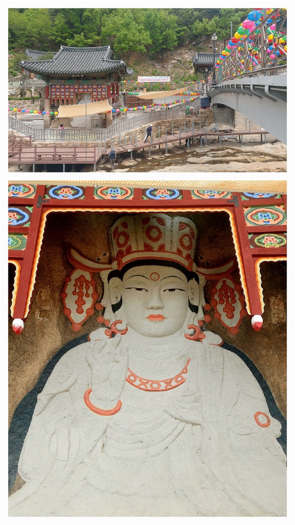  위 사진은 부처님 오신날을 맞아 연등을 걸어둔 옥천암 전경. 아래 사진은 보도각 백불이다. 조선시대 말에 채색했지만 지금 봐도 멋지다.