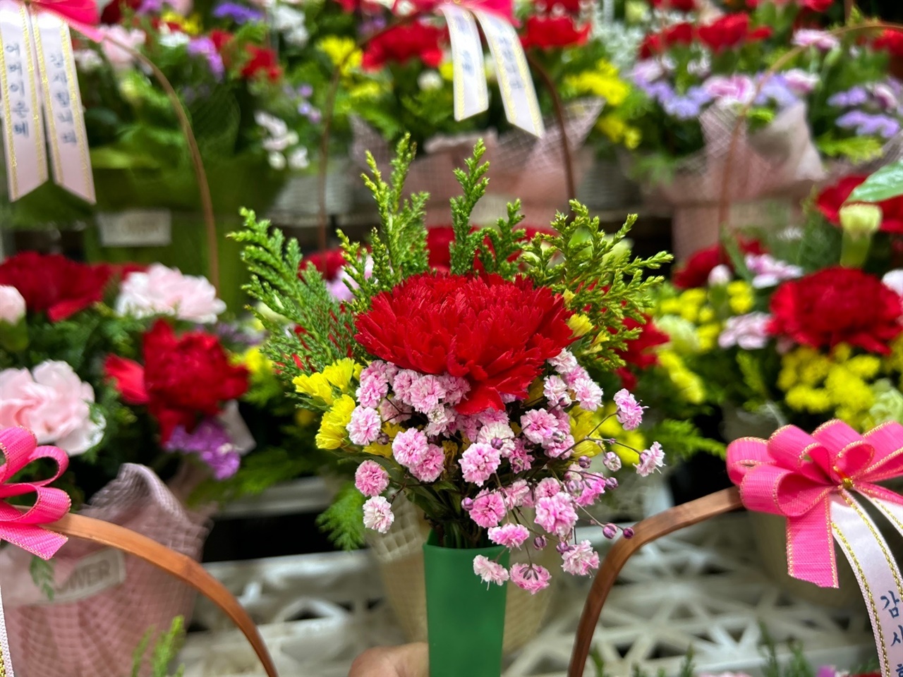 어버이날을 하루 앞두고 꽃집은 분주하다. 꽃집마다 카네이션 화분과 가슴꽃을 내놓고 손님들을 기다리고 있다.