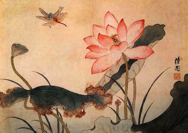 연꽃과 잠자리를 묘사한 김홍도의 작품.