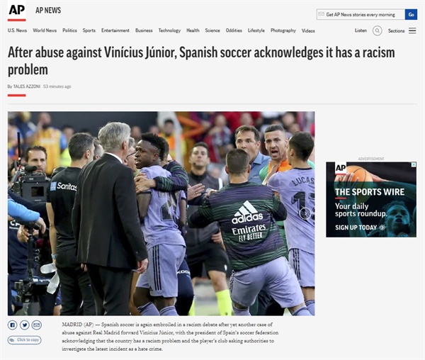  스페인 프로축구 레알 마드리드 공격수 비니시우스 주니오르(브라질)의 인종차별 피해를 보도하는 AP통신 