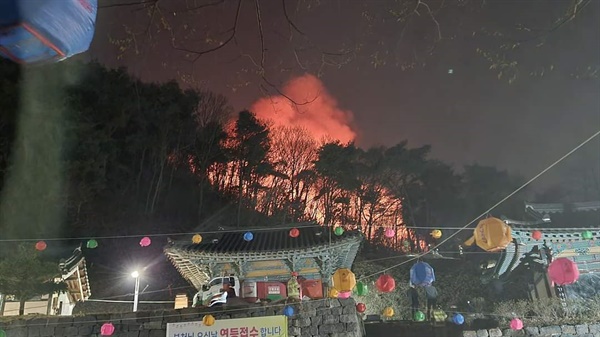 지난 4월 3일, 홍성 산불 당시 불길이 고산사 바로 뒤쪽까지 번지고 있다. 