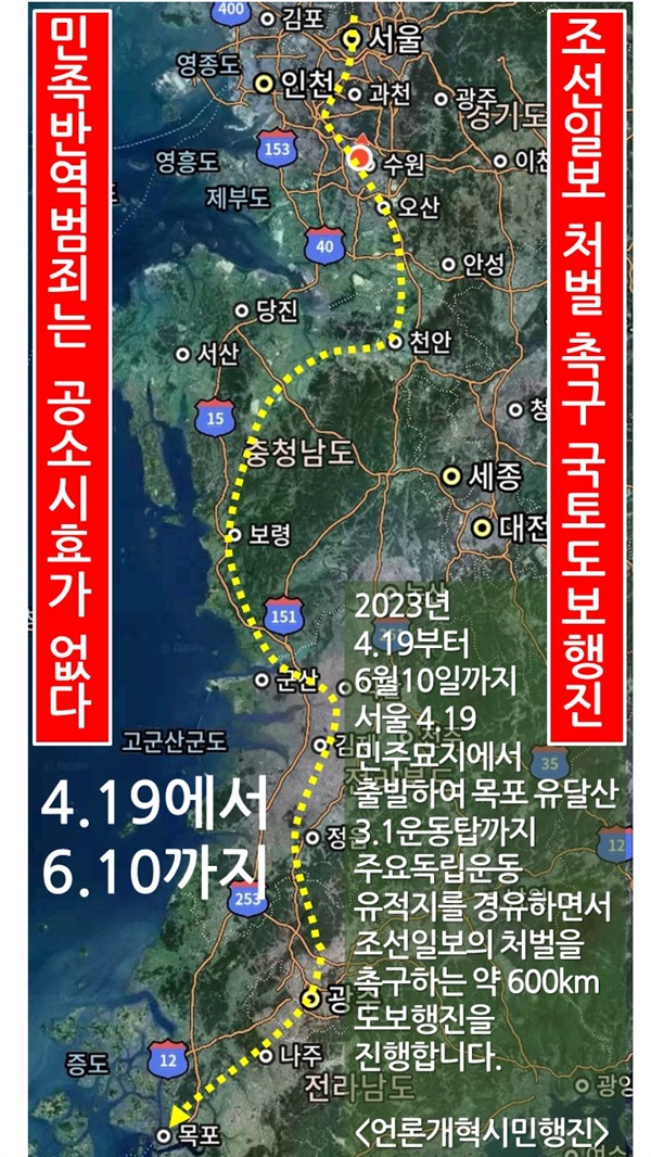 4월19일부터 6월10일까지는 서울을 출발하여 목포까지 약600km에 걸친 서해안권을 주로 도보로 행진하면서 65개소의 국회의원실을 방문하여 설문지를 전달하기로 하였다.

