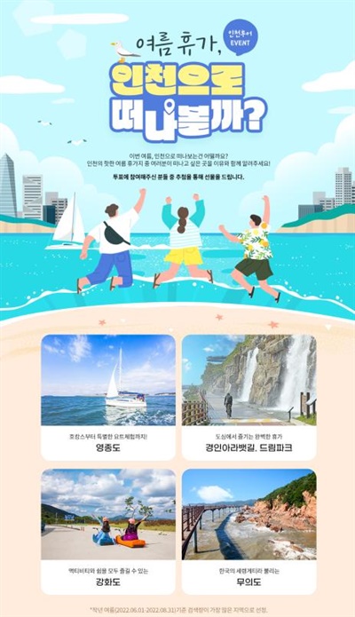 인천시는 여름 휴가철을 맞아 인천관광 활성화를 위한 온라인 이벤트를 개최한다. 6월 12일부터 30일까지 3주 동안 인천투어 홈페이지(https://itour.incheon.go.kr)를 통해 진행된다.